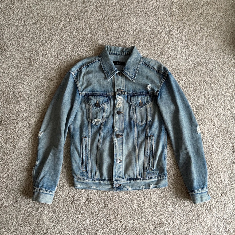 ABLE Women's Merly Denim Trucker Jacket Distressed Blue Closet Staple Sz Medium - Picture 3 of 14